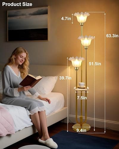 Lightdot Flower Floor Lamp for Living Room, Dimmable Vintage Floor Lamp with Shelf& Bulbs Included, 3 Light Warmwhite Mid Century Gold Floral Standing Tall Lamp for Bedroom/Sofa Beside/Corner Decor thumbnail 7