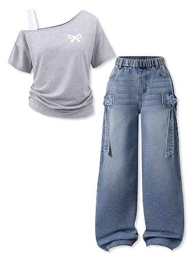 Kxuryueo Teen Girl Clothes One Shoulder Top and Wide Leg Stretch Jeans 2 Piece Casual Outfits Size 7-16 - Image 1