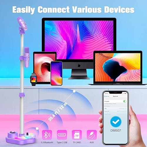 Stand Karaoke Machine for Kids, Singing Toys Gifts for 3 4 5 6 7 8 Year Old Girls Boys, Rechargeable Kid Microphone Bluetooth Speaker with 2 Wireless Mic for Girl Age 4-6 Toddler Birthday Party Toy thumbnail 8