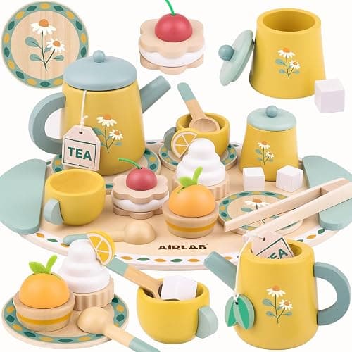 Airlab Tea Sets for Toddlers 3-5 Girl Birthday Gift 2 Year Old Princess Party Wooden Play Food Toy Sets for Kids Kitchen Accessories Age 3 4 5 6 Wood Educational Toys - Image 1