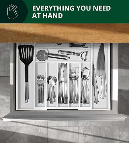 ROYAL CRAFT WOOD Luxury Bamboo Kitchen Drawer Organizer - Silverware Organizer - Utensil Holder and Cutlery Tray with Grooved Drawer Dividers for Flatware and Kitchen Utensils (9 Slot, White) thumbnail 7