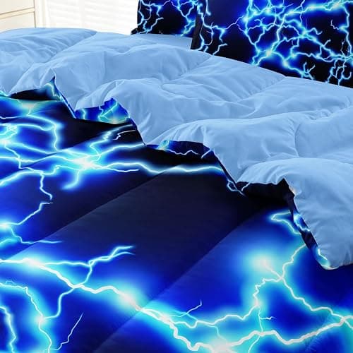 Leaflin Twin Size Bed in A Bag Lightning Bedding Set for Boys Blue Comforter with Sheet Set, 5 Pieces Kids Teen Cool Quilt Bedding Set thumbnail 6