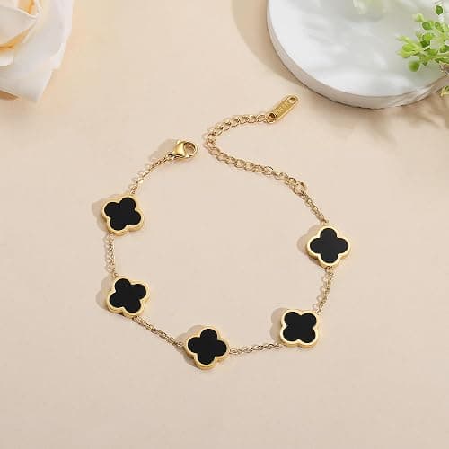 AIPPK 18K Gold Plated Clover Lucky Bracelet for Women White/Black/Red/Green Flower Four Leaf Link Bracelets Trendy Jewelry Gifts for Women thumbnail 5