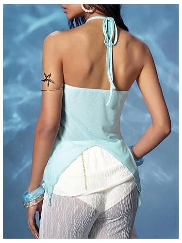 MakeMeChic Women's Y2k Halter Tops Backless Mesh Seashell Ruched Ruffle Summer Going Out Top thumbnail 3