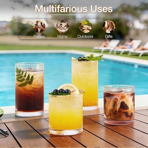 LUNA & MANTHA Drinking Water Glasses Set, Lead-Free Crystal Highball Glass, Tall Glass Cups for Cocktail Parties,ribbed set of 8,17oz&12oz thumbnail 5