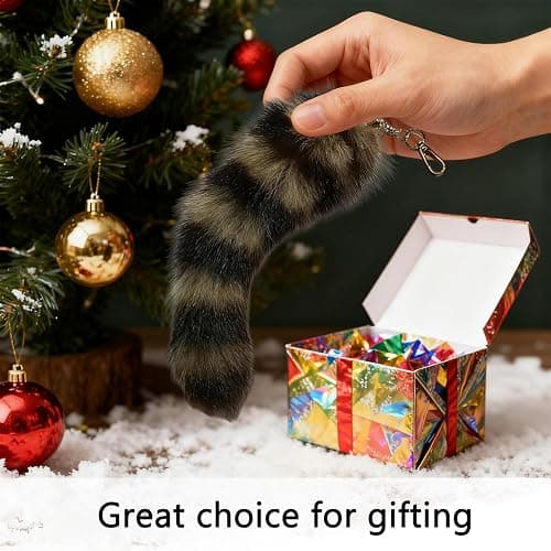 SDYHTS Fluffy Raccoon Tail Keychain - Realistic Faux Fur Key Ring, 11 Inch Soft Therian Accessory for Cosplay, Renaissance Fairs, Bag Charm & Pet Play Toy thumbnail 4