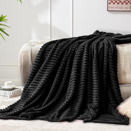BEDELITE Ribbed Jacquard Black Fleece Throw Blanket for Couch, 50x60 Inch | Soft Warm Decorative Fluffy Blanket, Cozy Plush Lightweight Fuzzy Throw Blanket for Bed Sofa Home Room Decor, Gift for Women thumbnail 2