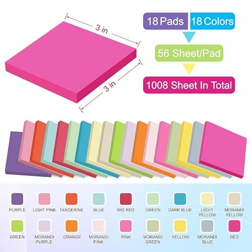 Sticky Notes 1008 Sheets - 18 Pack of 18 Vibrant Colors | Super Sticky Adhesive | Easy to Post for Office, School, Organizing (Rectangle) thumbnail 3