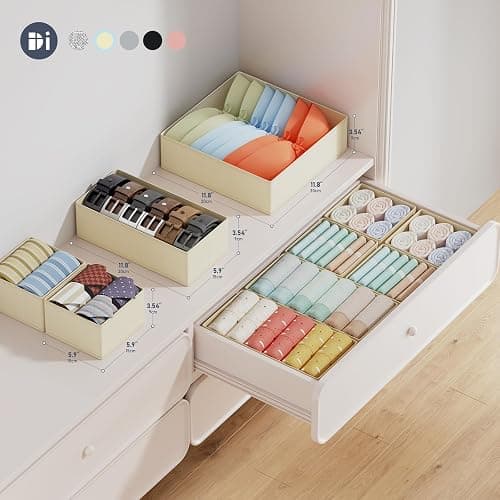 DIMJ Set of 12 Drawer Organizers Foldable Organizers and Storage Fabric Wardrobe Clothes Organizer Multifunctional Storage Box for Clothes, Bra,(Beige) thumbnail 4