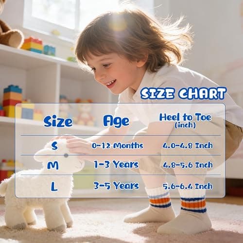BONANGEL Baby Socks with Grips, 6 Pairs Combed Cotton Seamless Non Slip Crew Socks for Infant Toddler Girls Boys 0-5T thumbnail 5