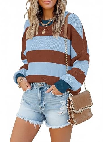 ETCYY Womens Oversized Sweaters Fall 2025 Fashion Clothes Trendy Batwing Sleeve Colorblock Striped Knit Pullover Tops thumbnail 5