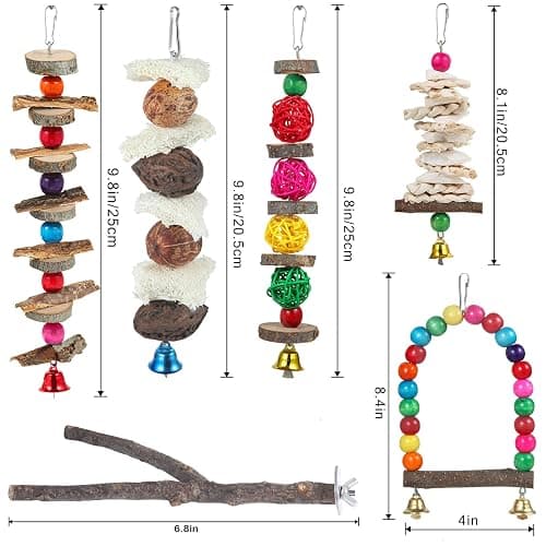 Bird Perch & Toys - 6 Pack Accessories, Wooden Chew Toys & Perch Stand for Parakeet, Conure, Cockatiel, Lovebird, Parrotlet, Budgie, Finches & Other Small to Medium Sized Birds thumbnail 6