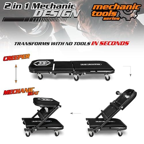 M-AUTO 40-Inch Folding Creeper Rolling Seat, All-in-One Adjustable Roller Garage Chair, Lay Down or Sit, 330LBS Capacity Under Car Roller Creeper with 6 Swivel Casters, Black thumbnail 4