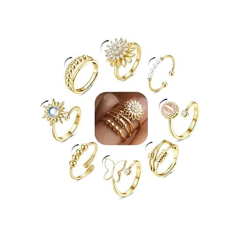 FIBO STEEL Fidget Anxiety Rings for Women - 8Pcs 14K Gold Plated Spinner Adjustable Rings Stress Relief Open Ring Stacks CZ Sun flower Butterfly Bead Evil Eye Non Tarnish Ring Set - Image 1