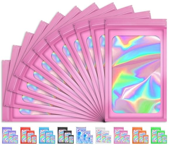 TIFICAL-Mylar-Bags, 100 PCS Holographic 2.4x3.9 Inch | Small Mylar Pouches, Resealable Bags for Small Business, Mini Pink Smell Proof Bag, Bracelet Pouch, Jewelry Sleeves, Sample Packs - Image 1
