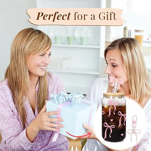 Mason Life Coquette Pink Bow Cute Glass Cups with Lids and Straw 18OZ Cute Tumbler Glass Cup with Keychain and Straw Cover for Iced Coffee Smoothie Cocktail Matcha Teen Girls Trendy Gift Preppy Stuff - Canglass-Cherry-bow thumbnail 8