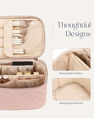 Prite Makeup Bag Portable Cosmetic Organizer with Brush Holder Waterproof Travel Toiletry Bag for Women with Handle and Divider (Checkered Pink) thumbnail 4