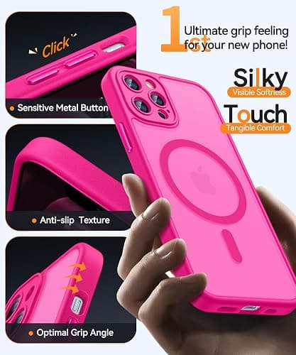 CANSHN Magnetic Compatible with iPhone 12 Pro Case, Upgraded [Full Camera Protection] [Compatible with Magsafe] [Translucent Matte] Shockproof Protective Phone Cover 6.1 Inch - Hot Pink thumbnail 5