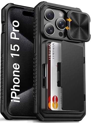 Vihibii for iPhone 15 Pro Case with Card Holder (4 Cards) & Slide Camera Cover & Kickstand, Shockproof Rugged Hard Back & TPU Soft Edge Wallet Phone Case for iPhone 15 Pro 5G 6.1" 2023, Black - Image 1