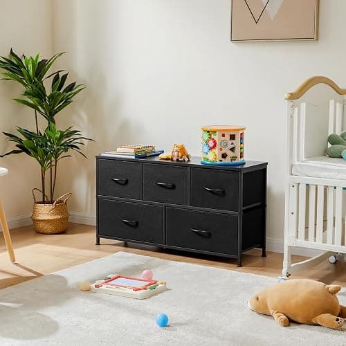OLIXIS Dresser for Bedroom with 5 Drawers, Wide Chest of Drawers, Fabric Bedroom Dresser with Drawer Organizer, Storage Organizer Unit with Fabric Bins for Closet, Living Room, Hallway, Classic Black - Classic Black - 11.9"D x 38"W x 20.9"H (5 Drawers) thumbnail 9