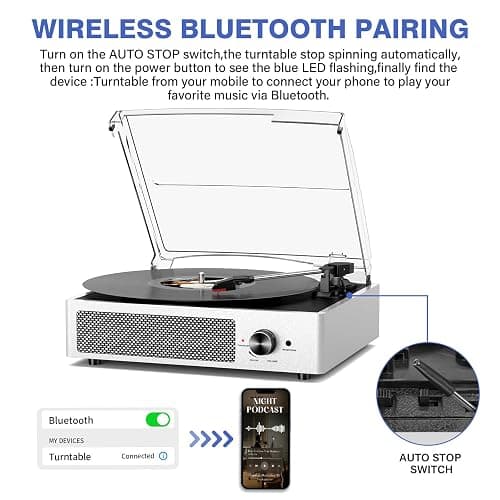 Vinyl Record Player with 2 Stereo Speakers Belt-Driven Vintage Turntables 3 Speed 3 Size Wireless Bluetooth Playback AUX-in RCA Out Headphone LP Vinyl Players Auto Stop Pale Silver thumbnail 3