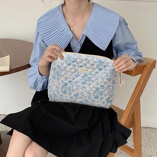 Sightor Cotton Makeup Bag, Kawaii Floral Cosmetic Bag Large Travel Toiletry Bag, Quilted Cosmetic Pouch for Women (Cerulean Blue) thumbnail 6