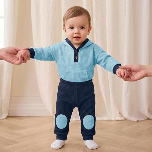 Dalukit Newborn Baby Boy Clothes Infant Fall Winter Outfits Baby Boy Romper | Newborn Baby Boy Hoodie Romper Pants Set;Breathable Mesh Fabric;Easy-change Snap crotch; Durable Knee Patches thumbnail 2