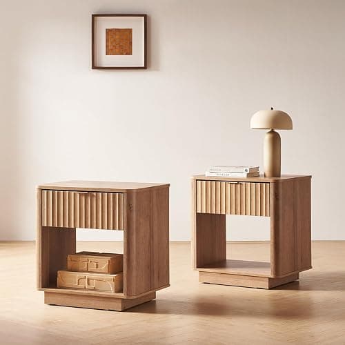 mopio Brooklyn Fluted Nightstand, Modern Farmhouse Nightstand, Small Side, Wood Bedside Table with Drawer, End Table with Storage, Fluted Night Stand, Curved Profile (Golden Oak, Set of 2) - Image 1