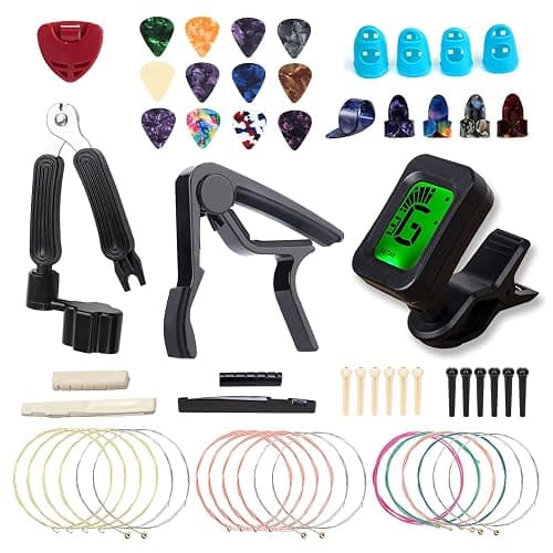 Guitar Accessories Kit with Guitar Strings,Guitar Tuner,Guitar Capo,3-in-1 Restring Tool,Pick Holder,Guitar Picks,Finger Protectors,Thumb Finger Picks, Guiter Bridge Pins,Guitar Nuts,Guitar Saddles - Image 1