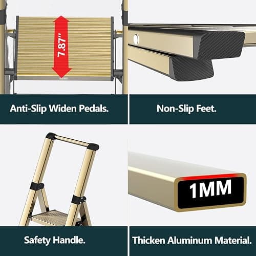WOA WOA 6 Step Ladder, Lightweight Folding Ladder with Non-Slip Wide Pedals, Ladder with Safe Grip Handle, Easy to Open and Close, Suitable for Home and Outdoor - Brown Gold - 6 step - Brown Gold thumbnail 8