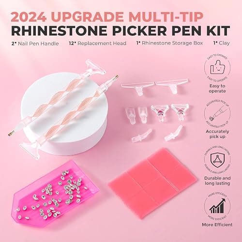 Rhinestone Picker Tool Kit: 2Pcs Rhinestone Picker Handle, Dual-Ended Rhinestones Applicator Dotting Pen with 12 Upgraded Plastic Replacement Tips, Clay, Bedazzling Tools for Nail Art Craft (Pink) thumbnail 2