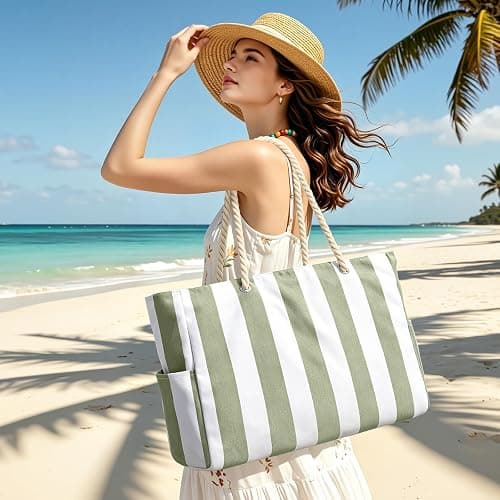 Becokan Sac de piscine pour femme – Imperméable à l'eau et au sable à grandes rayures avec fermeture éclair thumbnail 2