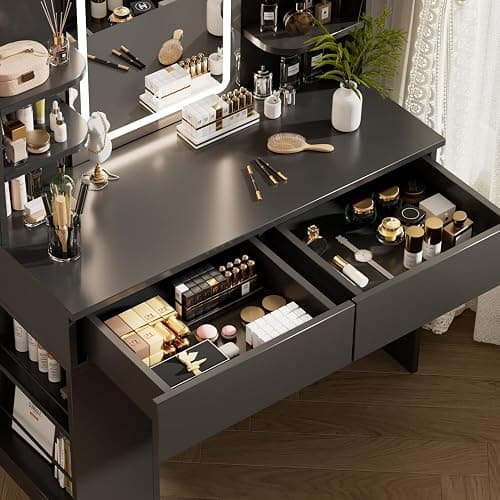Airfish Dressing Table with LED Light,Vanity Desk with Mirror and Concealed LED Light Strip, MakeUp Desk with Two Drawers and One Sideboard (Black) thumbnail 7
