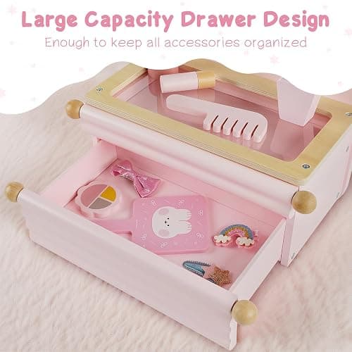 PIIKAGO Wooden Kids Vanity Set with Acrylic Display Case, Pretend Play Toddler Makeup Vanity for Girls, Beauty Salon Set with Makeup Accessories, Little Girls Gift Age 3+ (Pink) thumbnail 6