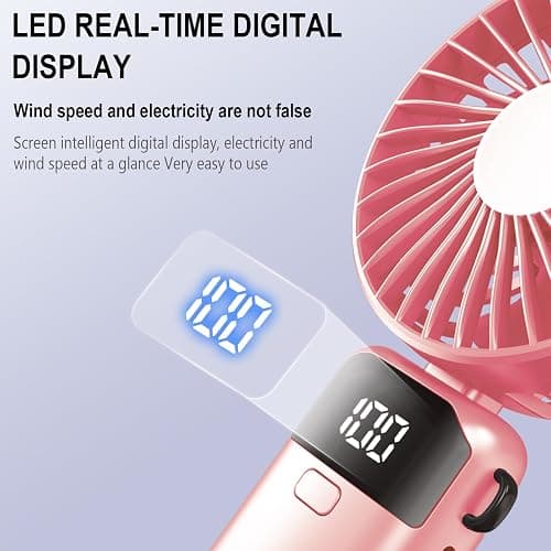 Jumkeet Handheld Fan, Mini Portable Foldable Fan with USB Rechargeable Battery 2600mAh, 5 Speeds Battery Operated Desk Desktop Fan with LED Display & Base for Home Office School Travel Outdoor (Pink) thumbnail 4