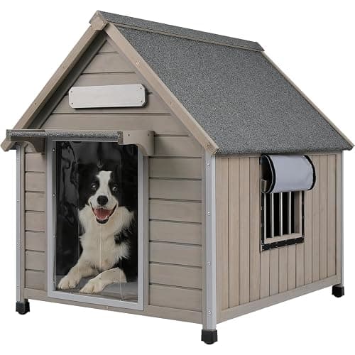 Ketive Outdoor Dog House, Weather-Resistant Wooden Shelter, Up to 60 lb | Reinforced iron frame, sloped asphalt roof, PVC door flap, adjustable vent window and raised feet for patios and backyards. thumbnail 7