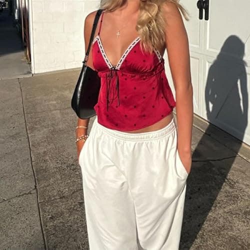 Women Polka Dot Cami Top Y2k Lace Trim Ruffled Hem Cami Top Adjustable Spaghetti Strap Polka Dot Bow Tie Camisole thumbnail 2