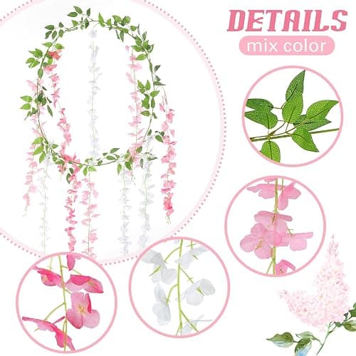 Thiccywoov 4pcs Wisteria Artificial Flowers Garland, 7.2Ft/Piece Wisteria Hanging Flowers Garland for Wedding Arch Decoration Outdoor Ceremony Home Backdrop Garden (Pink,Dark Pink,White) thumbnail 4