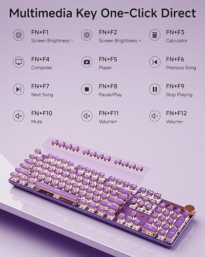 EWEADN Wired Typewriter Mechanical Keyboard, Low Noise Pink Switch Retro Punk Keyboard with Media Knob, White Backlit, Metal Panel, 104-Key Round Keycaps Cute Keyboard for Windows PC -Purple thumbnail 7