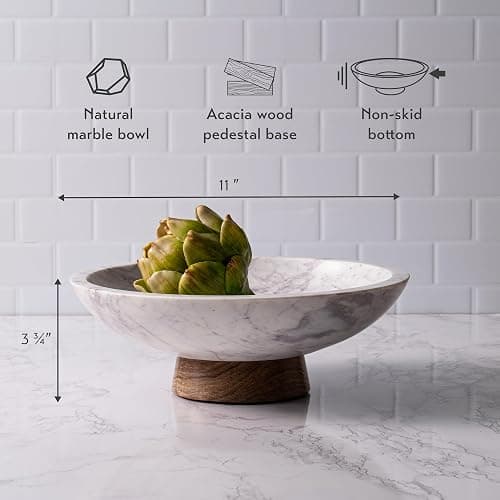 Cork & Mill Marble Decorative Bowl for Home Decor - Handcrafted Natural Stone with Acacia Wood Pedestal - Versatile 11" Catch All for Entryway, Kitchen Fruit Bowl, Potpourri, Dining Table Centerpiece thumbnail 3