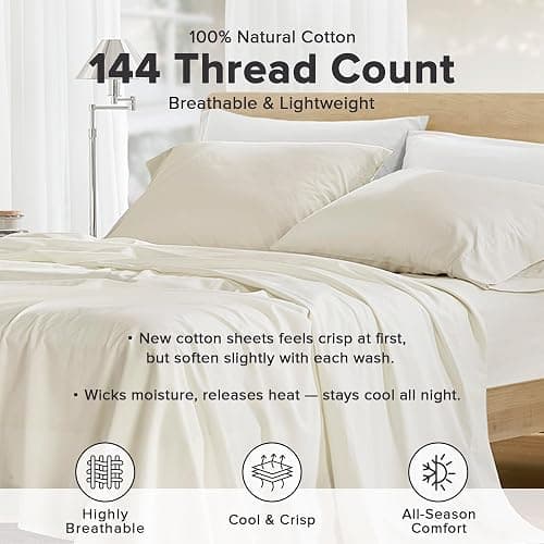 Comfort Spaces 100% Cotton Percale Sheets King Sheet Set 4 Pcs, Ivory | Crisp, Cool & Breathable Bed Sheets, 14" Deep Pocket Fits Up to 16" Mattress, Lightweight, All Season Cozy, with Pillow Case thumbnail 2