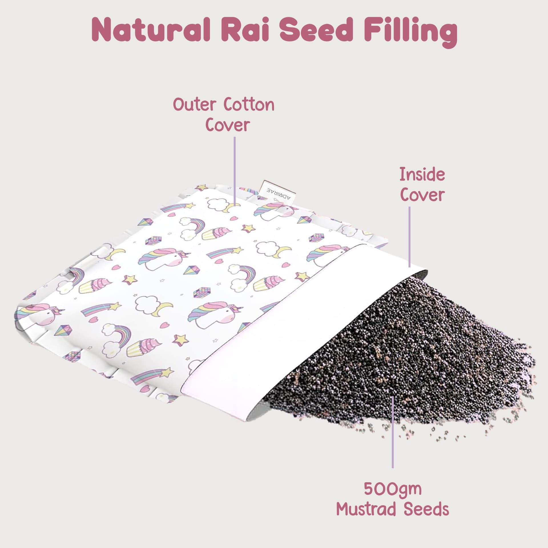 Rai Mustard Seeds Pillow for Baby Head & Neck Comfort, Soft Cotton Cover with Inner Lining, Lightweight Flat Pillow for Resting & Gifting for Baby Shower, 28 x 21.5 x 2cm | Unicorn Print thumbnail 3