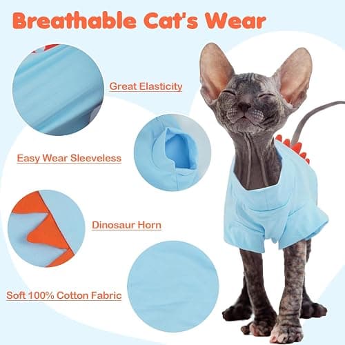 DENTRUN Sphynx Cat Clothes, Cute Dinosaur Design Hairless Cat Costume, Breathable Cotton Shirts Cat Clothes for Cats Only, Round Collar Kitten Daily T-Shirts with Sleeves, Cats Funny Cosplay Apparel thumbnail 6