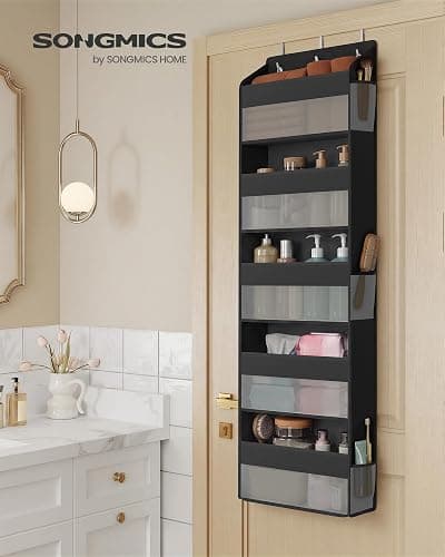SONGMICS Over-the-Door Organizer, 5-Tier Door Hanging Storage Shelf, Heavy-Duty Closet Hanging Organizer Foldable, Transparent, Pockets, Metal Hooks, Ink Black URDH010BH01 thumbnail 2