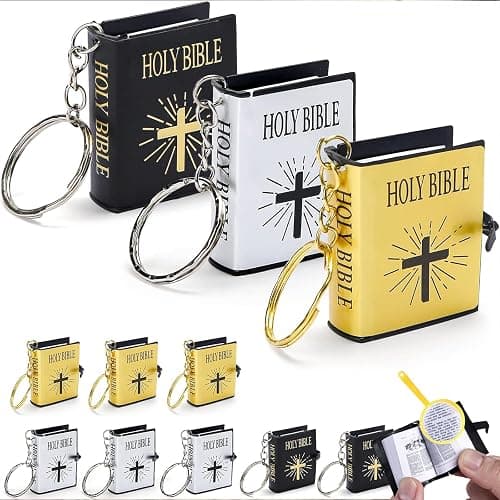 FREESOOTH Mini Bible Keychain, Tiny Miniature Real Bibles Key Chains for Handbag Pendant Charms Gift with Magnifying Glass - Image 1