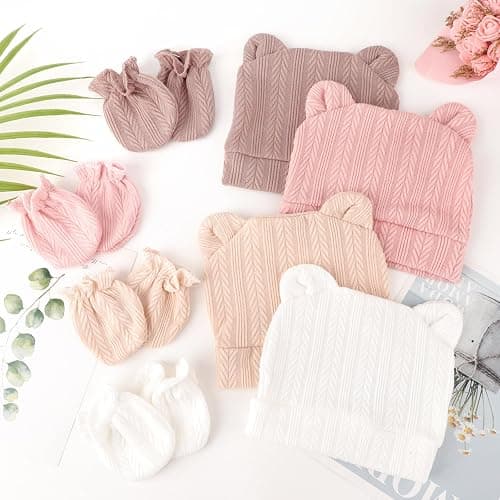 DRESHOW Bonnets de Naissance et Moufles de Protection Bébé Gants Bonnet Nouveau-né Bambin Doux Mignon Tricoté Chapeau 0-6 Mois, Taille Unique thumbnail 7