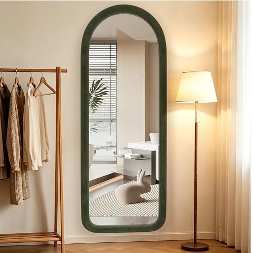 NEUWEABY Full Length Mirror 56"x20" Arch Floor Mirror with Stand Arched Full Body Mirror Standing Hanging or Leaning Against Wall for Bedroom Flannel Wrapped Wooden Frame, Green thumbnail 5