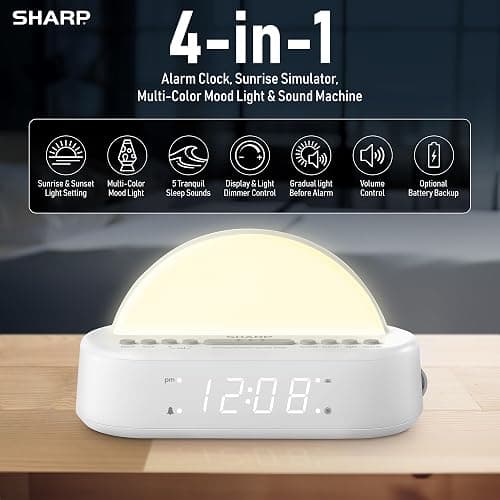 Sharp Sunrise Alarm Clock with Wake-Up Light & Sunset Sleep Timer – 5 Sleep Sounds, 8-Color Night Light, 0.7" LED Display with Dimmer, Snooze, Battery Backup, Bedside Clock for Kids, Teens & Adults thumbnail 2