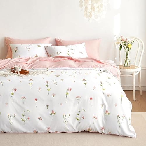 Wake In Cloud - Floral Comforter Set, Cottagecore Cute Aesthetic Watercolor Tiny Flowers and Leaves, Soft Lightweight Bedding for Women Teen Girls, 3 Pieces, Pink, Full Size thumbnail 2