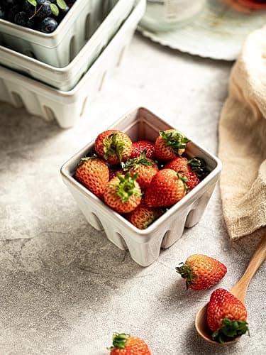Gomakren Ceramic Berry Basket Set of 2, Square Fruit Bowl with Holes, Small Fruit Basket Containers for Kitchen Counter, Berries, Strawberry, Grape, Cherry, White thumbnail 7